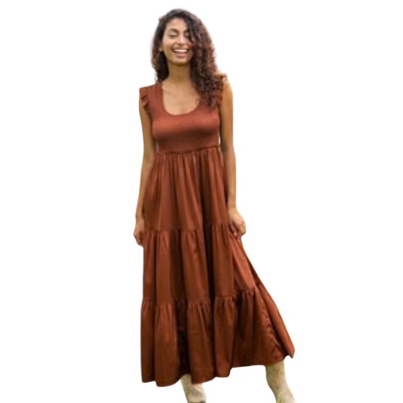 NATURAL LIFE Dresses & Skirts - 🆕 Natural Life Satin Poly Smocked Copper Rust Loose Flowy Ruffle Cap SZ XL NWT